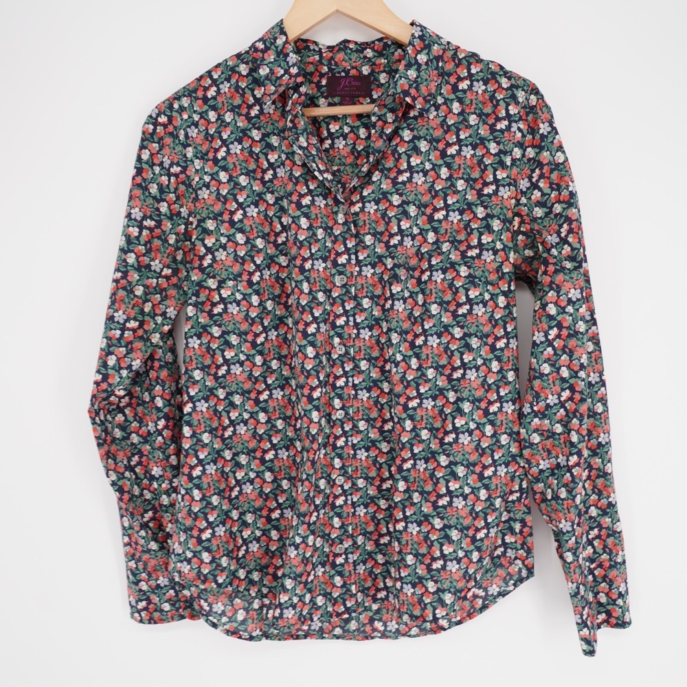 J Crew x Liberty Floral Button Down Shirt Womens 8 Navy Blue Cotton Blouse